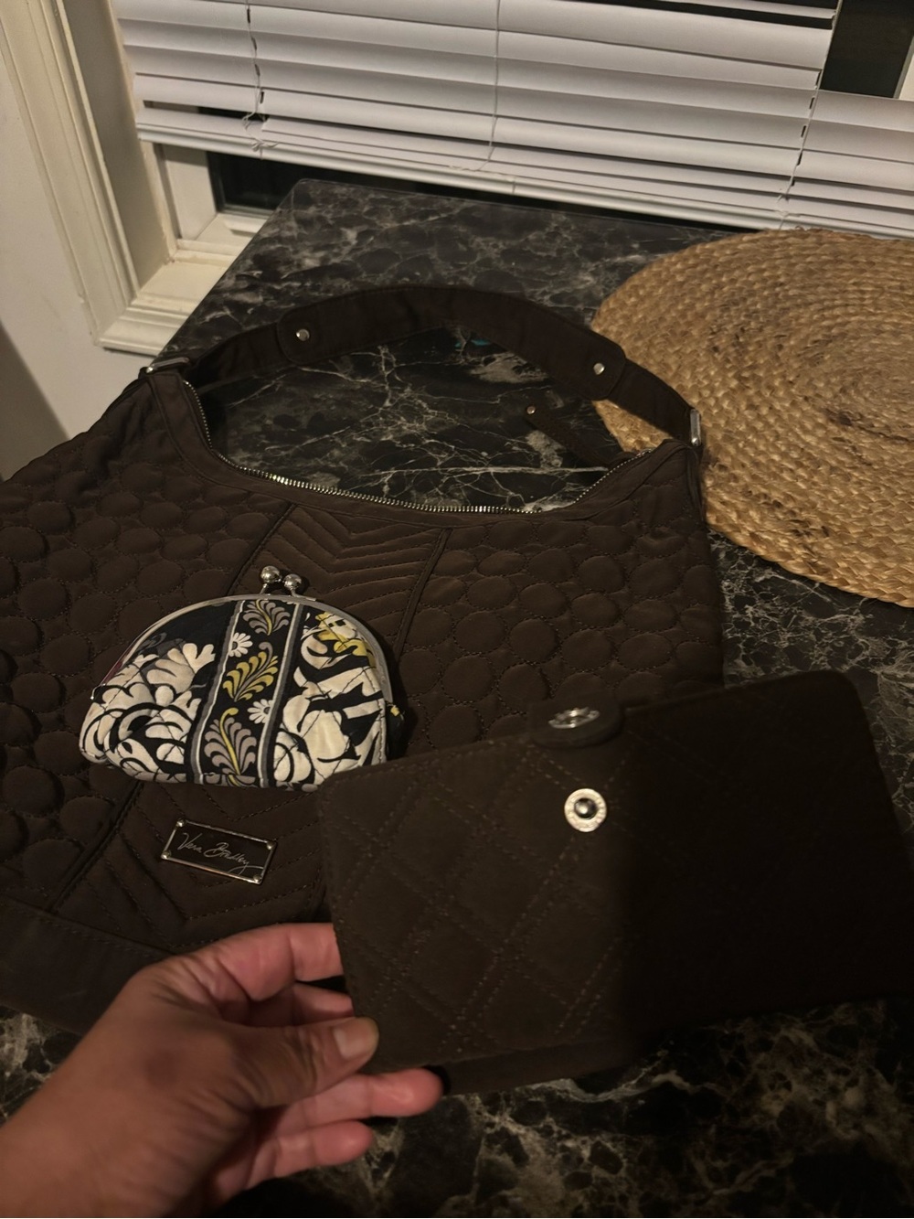 Vera Bradley Brown Quilted Shoulder Bag with Patterned Coin Purse and Wallet